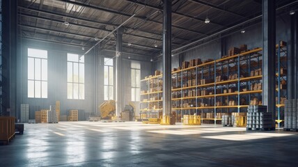 Large industrial warehouse. High racks filled with boxes and containers. Boxes on pallets in the loading area. Daylight fills the room through the windows. Global logistics concept. 3D illustration.