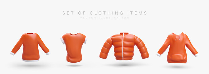 Collection of realistic clothing icons. Orange sweatshirt, t shirt, puffer jacket, hoodie. Unisex casual sportswear. Modern youth style. Bright isolated vector image with shadows