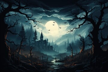 Wall Mural - Moon In Spooky Night - Halloween Background With Clouds And Bats. Modern Halloween background for a party invitation or poster, print.