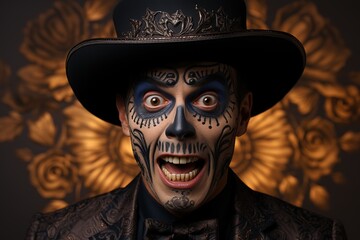 Portrait of shocked man in Halloween make-up and costume grabbing his face in fright. Modern Halloween background for a party invitation or poster, print.