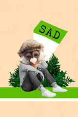 Poster - Artwork magazine collage picture of stressed depressed monkey head guy sitting feeling sadness isolated drawing background