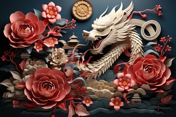 Poster - Happy chinese new year 2024 the dragon zodiac sign with flower,lantern,asian elements gold paper cut style on color background. Happy Chinese New Yea