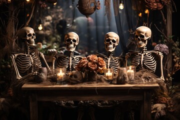 Wall Mural - Halloween Party - Skeletons With Wooden Banner In Spooky Nights. Modern Halloween background for a party invitation or poster, print.