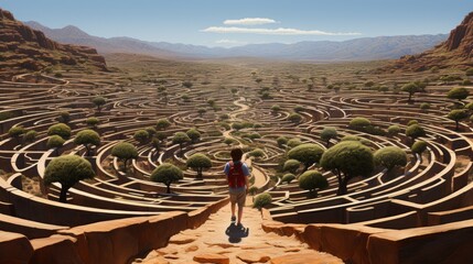 Wall Mural - A man standing in a maze in the middle of a desert. Generative AI image.