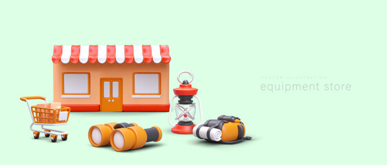 Wall Mural - Equipment store. Advertising template in cartoon style. Realistic shop building with empty signboard, kerosene lamp, binoculars, backpack, shopping cart with cardboard box