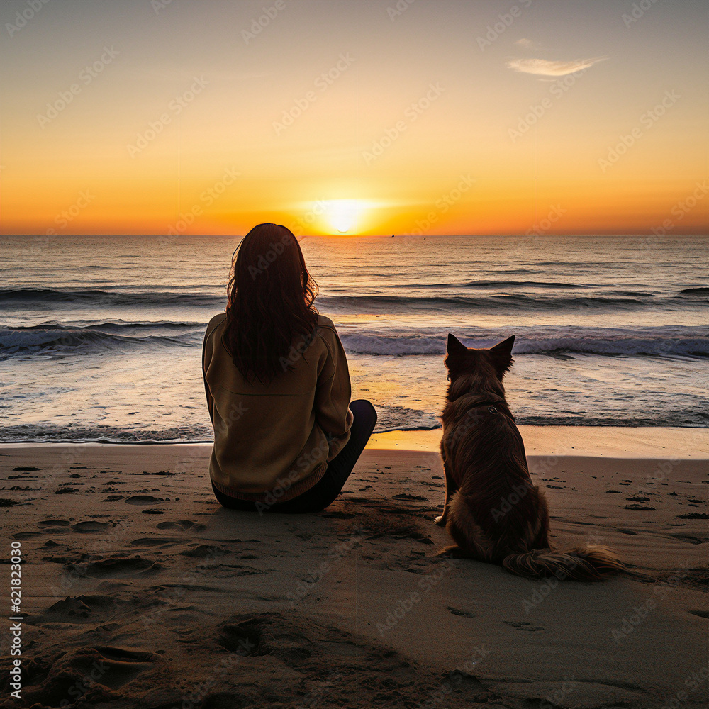 Documentary photography of a girl with her dog sitting on the beach ...