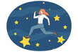 Motivated businesswoman running on stars strive for new career achievements. Happy confident woman employee jump to goal and target. Vector illustration.
