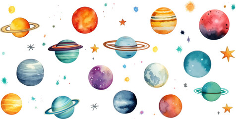 Wall Mural - planet watercolor for kids easy drawing kids style cute
