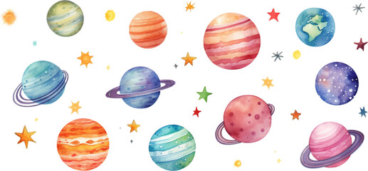 Wall Mural - planet watercolor for kids easy drawing kids style cute