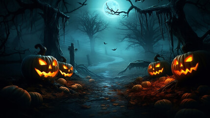 halloween background mysterious forest with pumpkins burning eyes. Generative AI