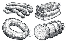 Meat Products Set. Sausage, Cooking Salami, Barbecue Delicatessen, Lard. Sketch Vector Illustration Engraving Style
