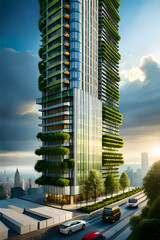 Wall Mural - Background with eco skyscraper. Green city background.