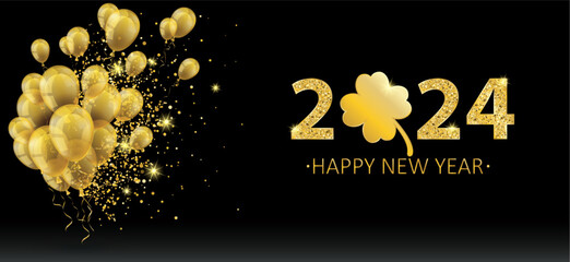Wall Mural - Golden Balloons Particles 2024 Shamrock New Year Black