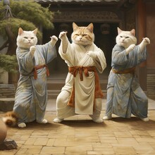 Three Cats Wearing Human Tunics, Playing Tai Chi In A Courtyard, Standing Like People
