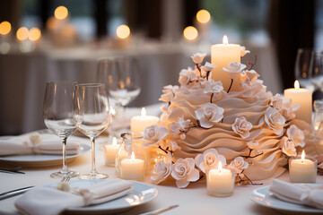 Wedding table decorated with flowers and candles, close-up.  Table set for an event party or wedding reception. Centerpieces flower. Generative AI technology.