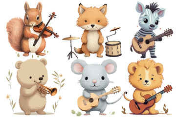 Poster - Set baby funny animals Bear plays trumpet, lion plays guitar, zebra plays guitar,