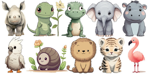 Sticker - Set ?ute baby funny animals Lion, hippopotamus, rhinoceros, flamingo, elephant, crocodile, cockatoo, lizard, snail, tiger in watercolor style. Flat vector illustrations isolated on white background