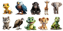 A Set Of 3d Objects Lion, Elephant, Wolf, Eagle, Lizard, Monkey, Giraffe, Crocodile, Iguana, Chimpanzee, Vulture Isolated On A White Background. Vector Illustration