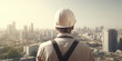 © annaspoka - construction foreman worker with helmet in building looking at urban city scape estate sunset sky concept of abstract construction project management and engineering. generative ai
