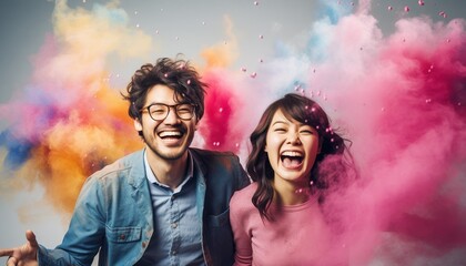 Happy couple smiling in a cloud of colorful smoke on a white background, having fun, colors, LGBTQ+,  color explosion, holi, fluid, multi-ethnic, peace, inclusive, beauty, freedom. Generative AI.