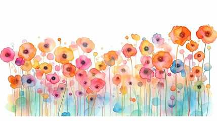 multicolored watercolor gradient rainbow flowers on a white background peonies poppies summer painting. generative ai