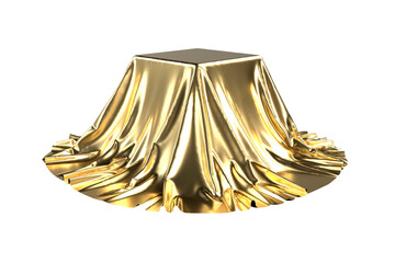 Box covered with golden fabric. Isolated on white background. Surprise, award, prize, presentation concept. Png clipart isolated on transparent background