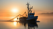 Fishing Ship With Net On Sea At Sunset