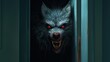 Scary evil vampiric dire werewolf with terrifying growling mouth filled with unholy sharp teeth inside old dark wooden cabin home hiding and awaiting its next victim to attack - generative AI 