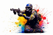 Illustration Of A Person Playing Paintball And Holding A Gun With Colorful Background