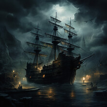 Three Ghost Pirate Ship Dark Hyper Quality Wallpaper