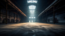 Evoking An Ambiance Of Empty Warehouse With Dramatic Lighting. Generative Ai