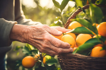 Wall Mural - Man pick ripe oranges, tangerines, clementines or mandarins from plants in the fruit orchard. Generative AI. 