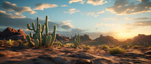 Cactus In The Desert At Sunrise