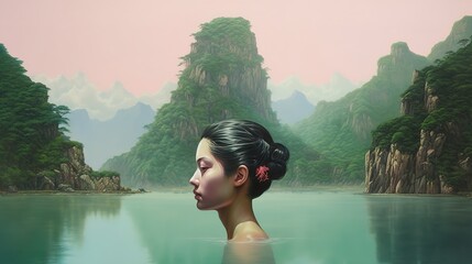 Wall Mural - a picture of a lady swimming against the current with some mountains in the distance