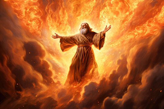 Elijah praying to God and causing fire to fall from heaven on the sacrificial altar facing the prophets of Baal Generative AI Illustration