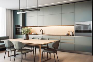 Wall Mural - Stylish apartment interior with modern kitchen. Idea for minimalistic interior design. Generative AI