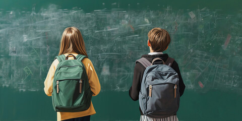 Two schoolchildren with backpacks stand against the background of the school board. Generative AI	
