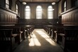 © mihrzn - Empty courtroom with benches and tables illuminated by sunlight from windows. Generative AI