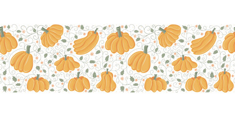 Wall Mural - Vector horizontal seamless pattern with ripe pumpkins, twigs, leaves and flowers. Seasonal fall banner design for greeting or promotion. Thanksgiving and harvest concept.