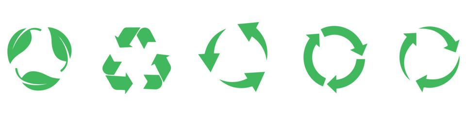 recycle vector icon set. arrows, heart and leaf recycle eco green symbol. rounded angles. recycled s