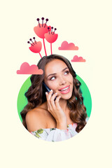 Poster - Artwork 3d image poster collage of lovely gorgeous pretty girl talking phone sharing gossip rumors secrets isolated on painted background