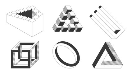 cube, Ruthersward triangle, impossible trident, Möbius loop, Penrose triangle, Penrose stairs.Black and white vector illustration