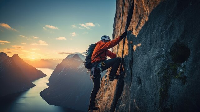 climber climbs the big rock, high mountains lofoten island, hiper northen light, midnight sun