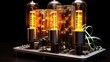 glowing corn shape transistor lamps on the motherboard of the amplifier