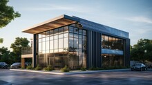 Two Story Modern Small Industrial Minimalist Design Style Office Building, Incorporate Glass Elements