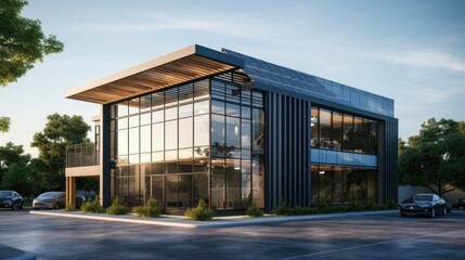 two story modern small industrial minimalist design style office building, incorporate glass element