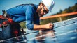 © radekcho - Solar power engineer installing solar panels, on the roof, electrical technician at work, alternative renewable green energy generation concept.