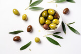 Fresh olives with olive oil on white background, top view. Generative AI.