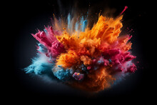 Colorful Rainbow Holi Paint Color Powder Explosion Isolated Black Background. Generative AI