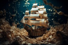 A Wooden Model Of A Sailing Ship Surrounded By Leaves. AI
